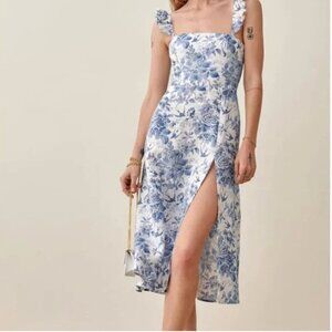 Reformation Spaulding Linen Midi Dress Blue/White Floral 4